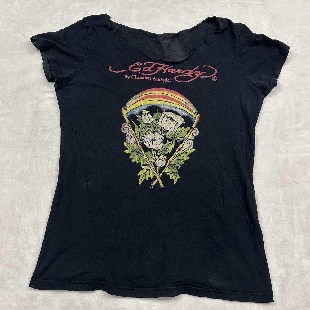 Ed Hardy T-Shirt Womens Large Black Graphic Rainbow Flower Y2K Audigier